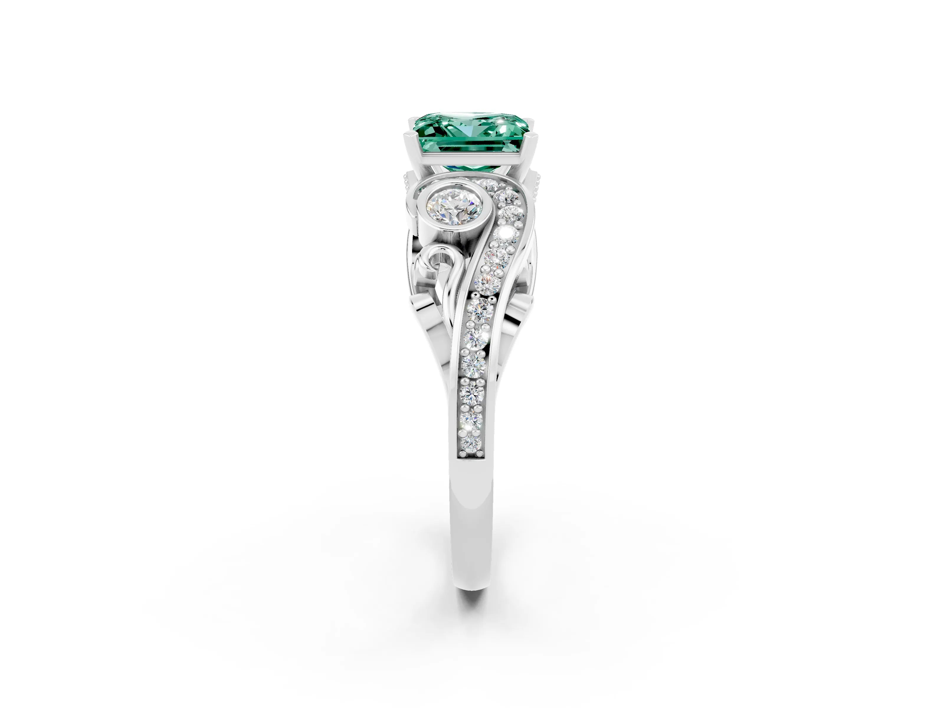 White gold Princess Cut Green Sapphire Solitaire Ring with Milgrain Pavé Band and Four-Prong Setting_14