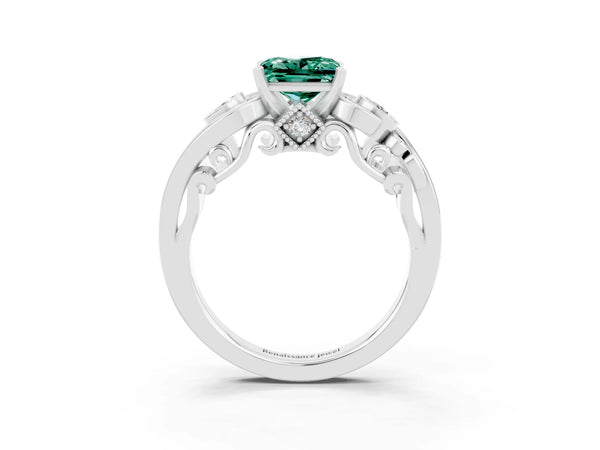 Platinum Princess Cut Green Sapphire Solitaire Ring with Milgrain Pavé Band and Four-Prong Setting
