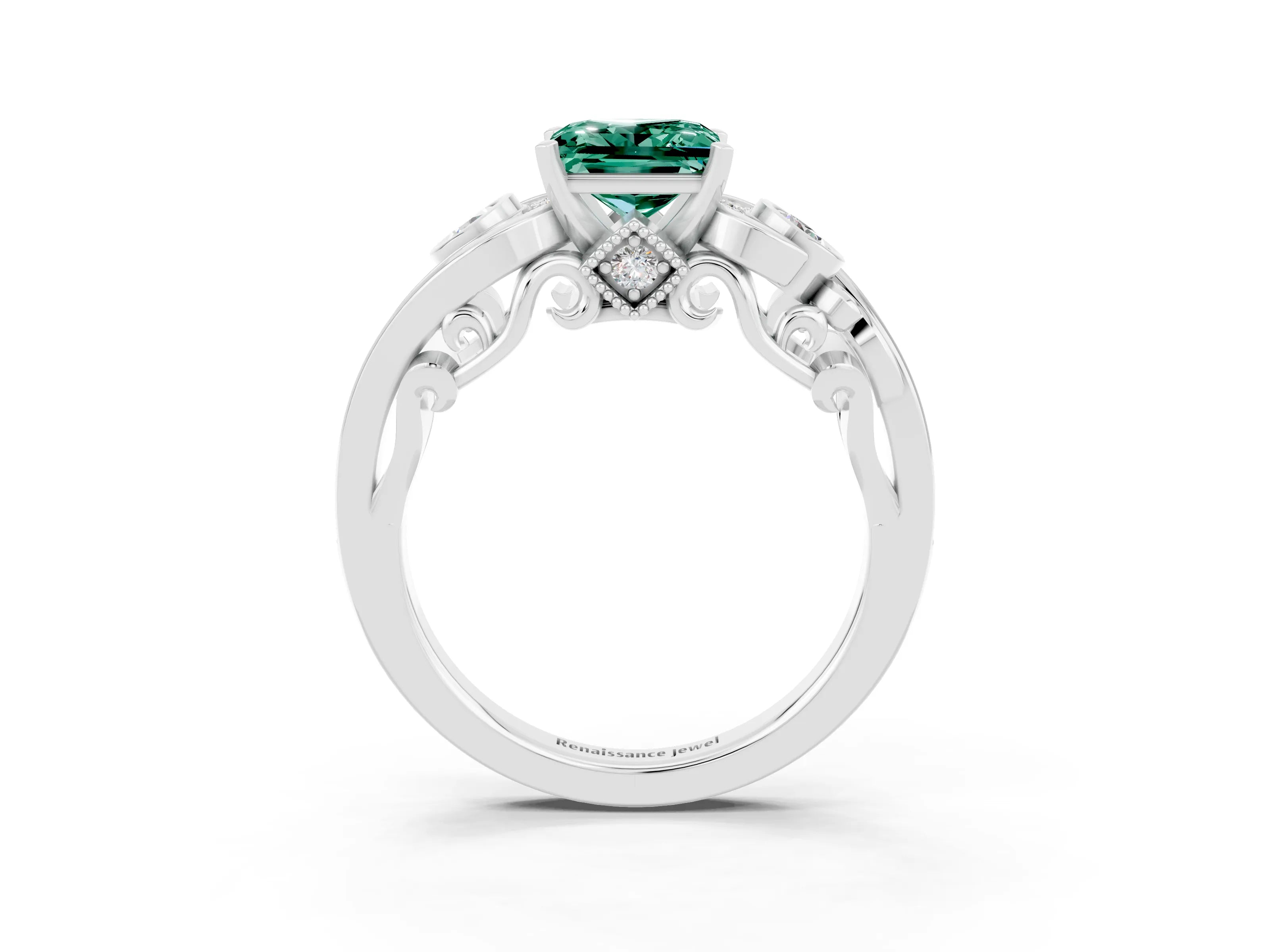 White gold Princess Cut Green Sapphire Solitaire Ring with Milgrain Pavé Band and Four-Prong Setting_15