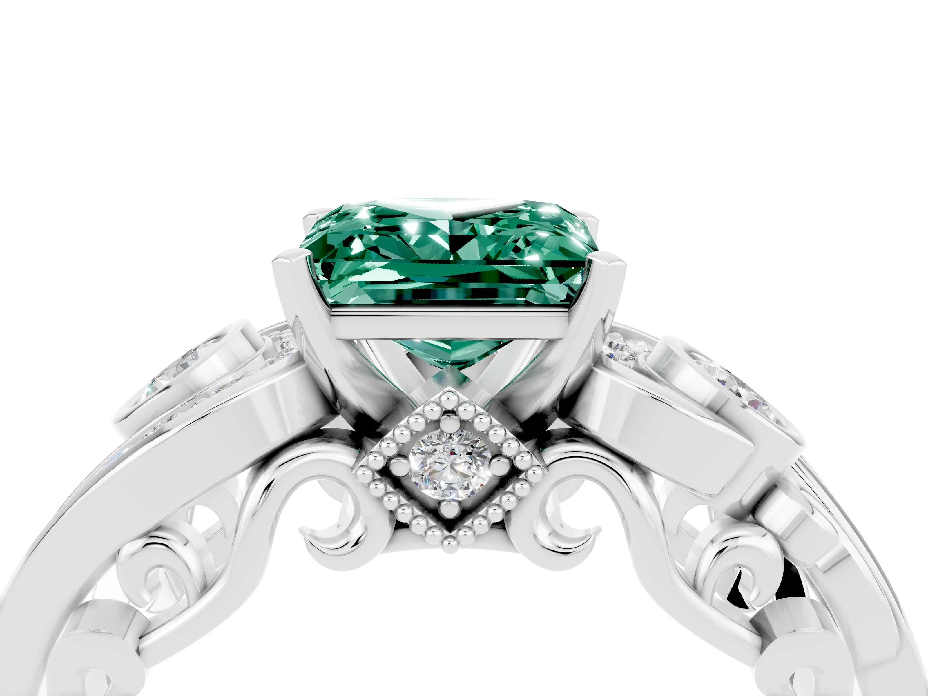 White gold Princess Cut Green Sapphire Solitaire Ring with Milgrain Pavé Band and Four-Prong Setting_16