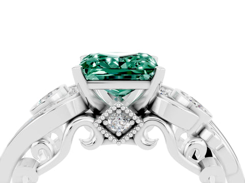 White gold Princess Cut Green Sapphire Solitaire Ring with Milgrain Pavé Band and Four-Prong Setting_16