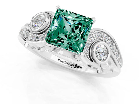 White gold Princess Cut Green Sapphire Solitaire Ring with Milgrain Pavé Band and Four-Prong Setting_49