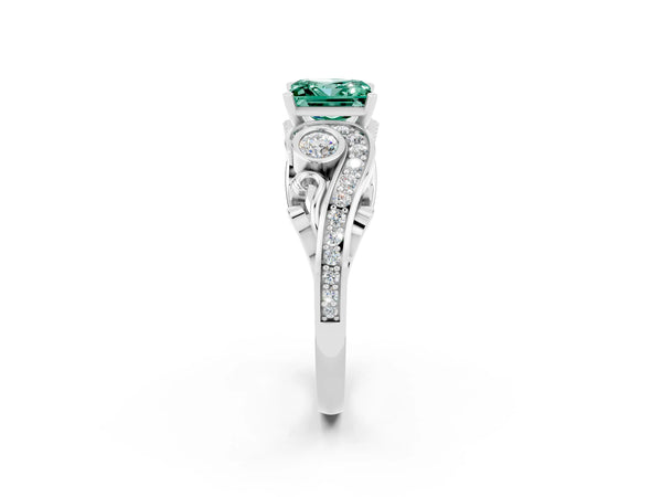 White gold Princess Cut Green Sapphire Solitaire Ring with Milgrain Pavé Band and Four-Prong Setting