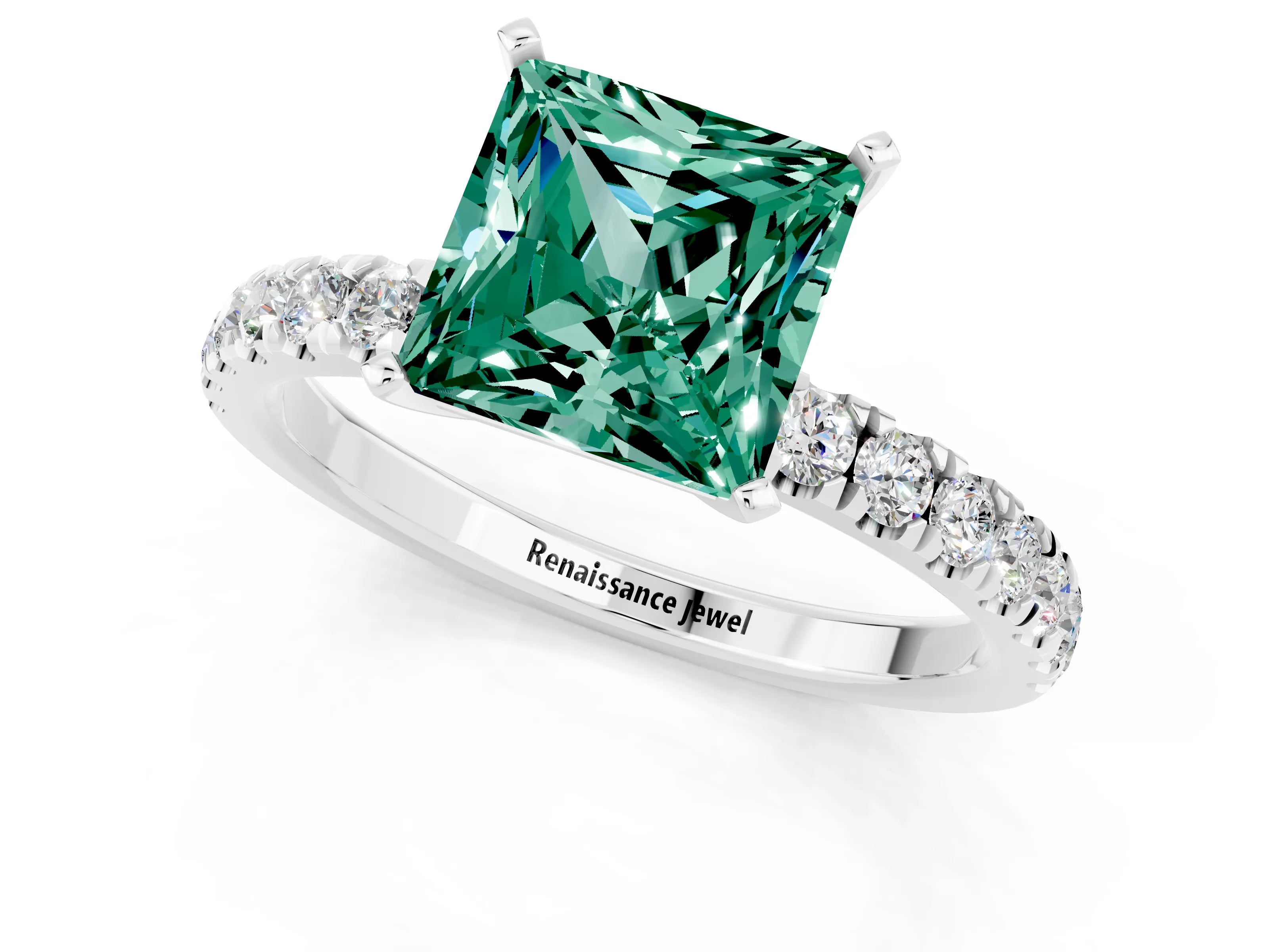 White gold Princess Cut Green Sapphire Solitaire Ring with Pavé Accents and Four-Prong Setting_1