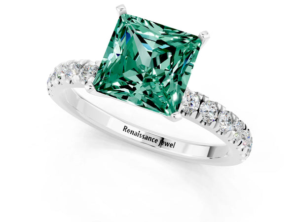 White gold Princess Cut Green Sapphire Solitaire Ring with Pavé Accents and Four-Prong Setting