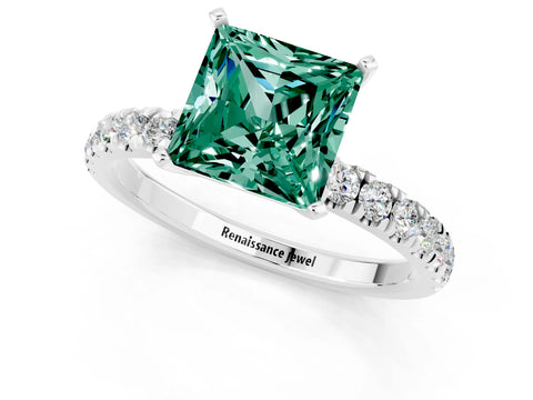 White gold Princess Cut Green Sapphire Solitaire Ring with Pavé Accents and Four-Prong Setting_1
