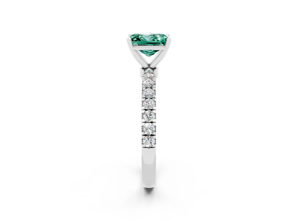 Platinum Princess Cut Green Sapphire Solitaire Ring with Pavé Accents and Four-Prong Setting