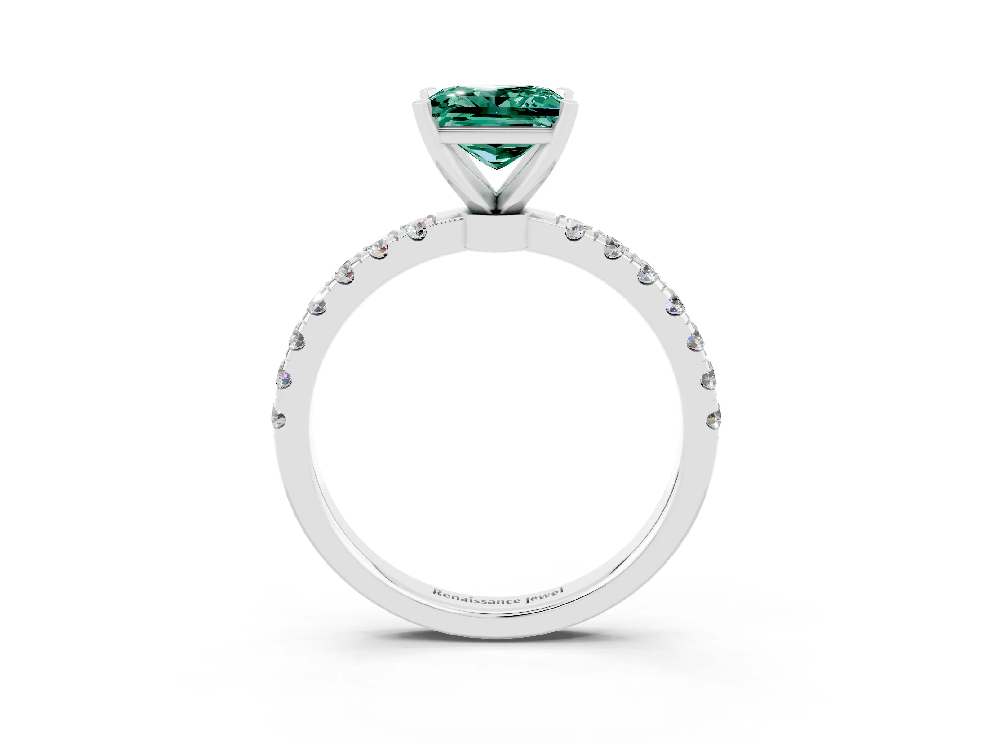 White gold Princess Cut Green Sapphire Solitaire Ring with Pavé Accents and Four-Prong Setting_3