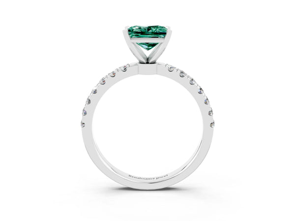 Platinum Princess Cut Green Sapphire Solitaire Ring with Pavé Accents and Four-Prong Setting