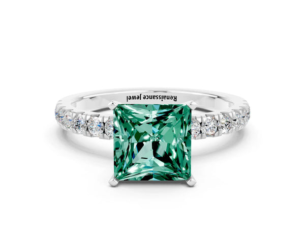 Silver Princess Cut Green Sapphire Solitaire Ring with Pavé Accents and Four-Prong Setting