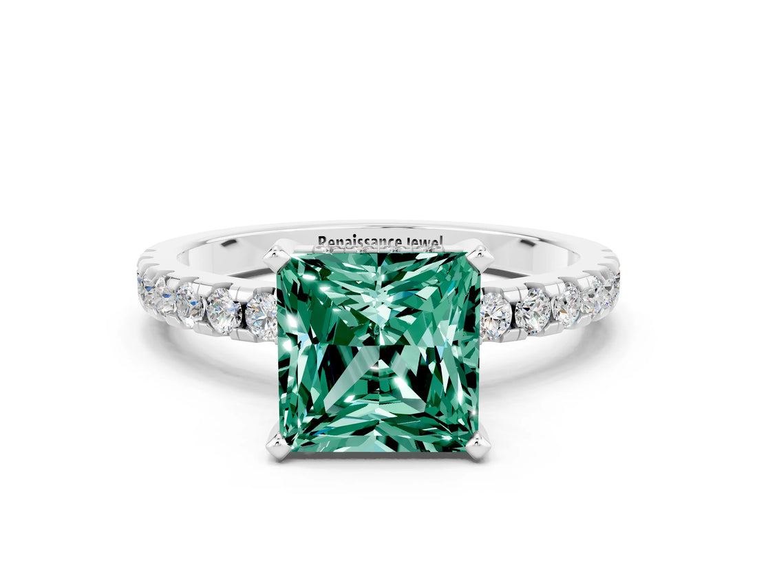 White gold Princess Cut Green Sapphire Solitaire Ring with Pavé Band and Four-Prong Setting_24