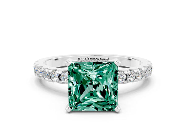 Platinum Princess Cut Green Sapphire Solitaire Ring with Round  Pavé Band and Four-Prong Setting