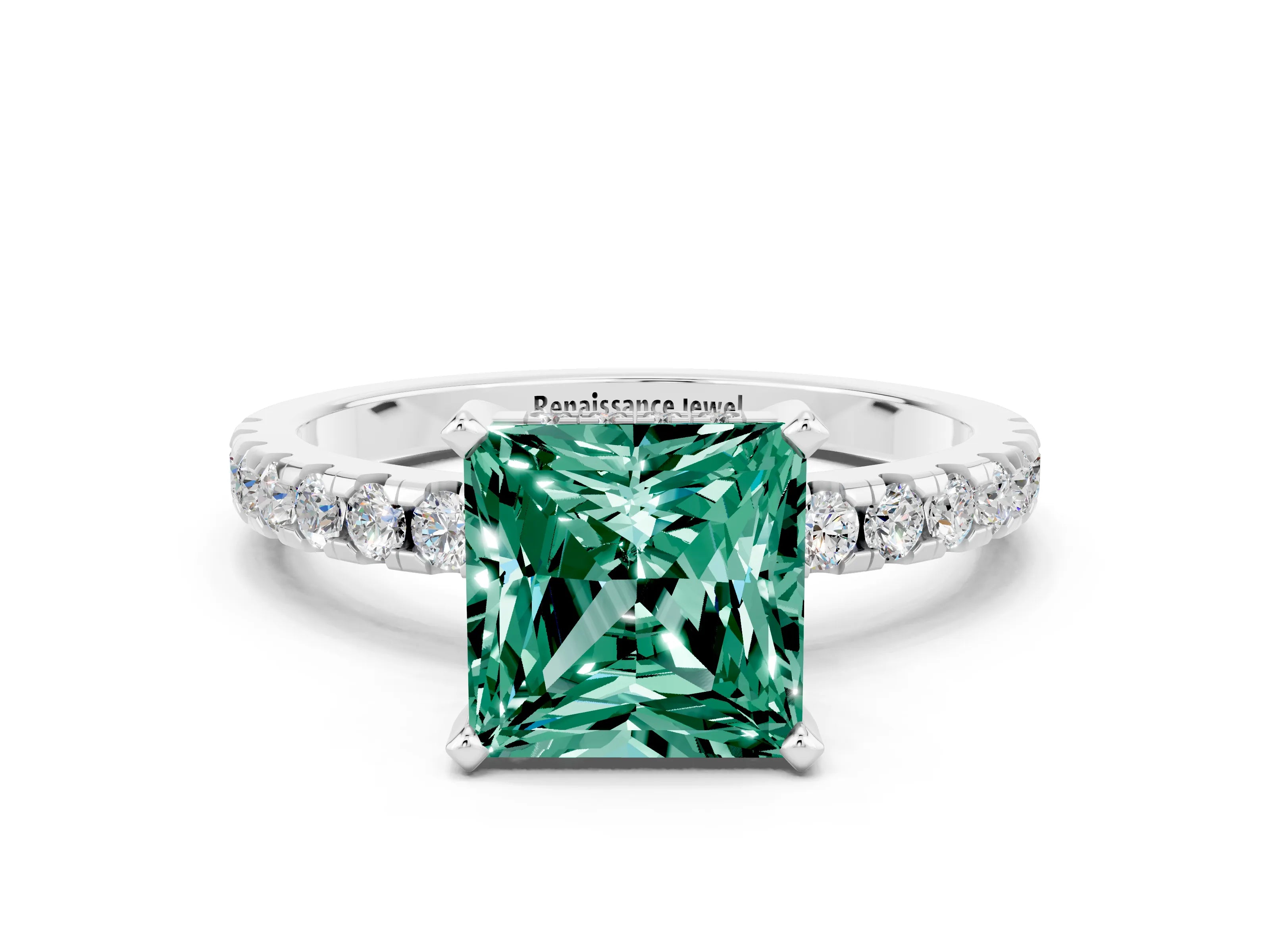 White gold Princess Cut Green Sapphire Solitaire Ring with Pavé Band and Four-Prong Setting_24