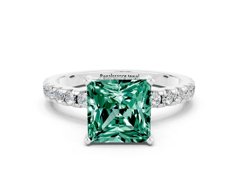 White gold Princess Cut Green Sapphire Solitaire Ring with Pavé Band and Four-Prong Setting_24