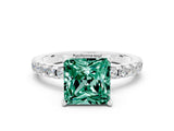 White gold Princess Cut Green Sapphire Solitaire Ring with Pavé Band and Four-Prong Setting_24