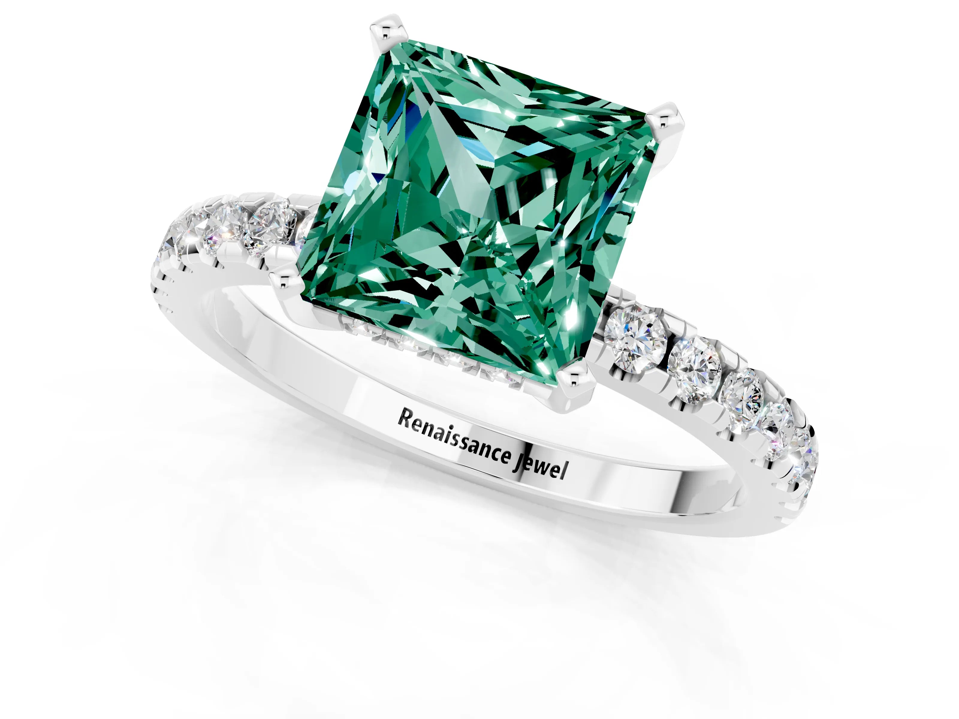 White gold Princess Cut Green Sapphire Solitaire Ring with Pavé Band and Four-Prong Setting_25