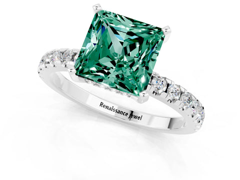 White gold Princess Cut Green Sapphire Solitaire Ring with Pavé Band and Four-Prong Setting_25