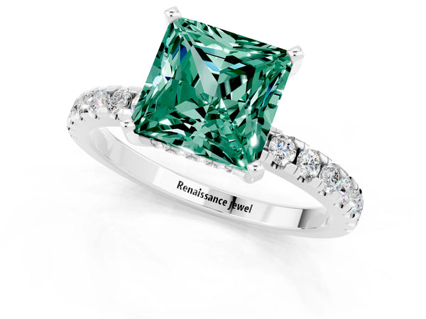 Silver Princess Cut Green Sapphire Solitaire Ring with Round  Pavé Band and Four-Prong Setting