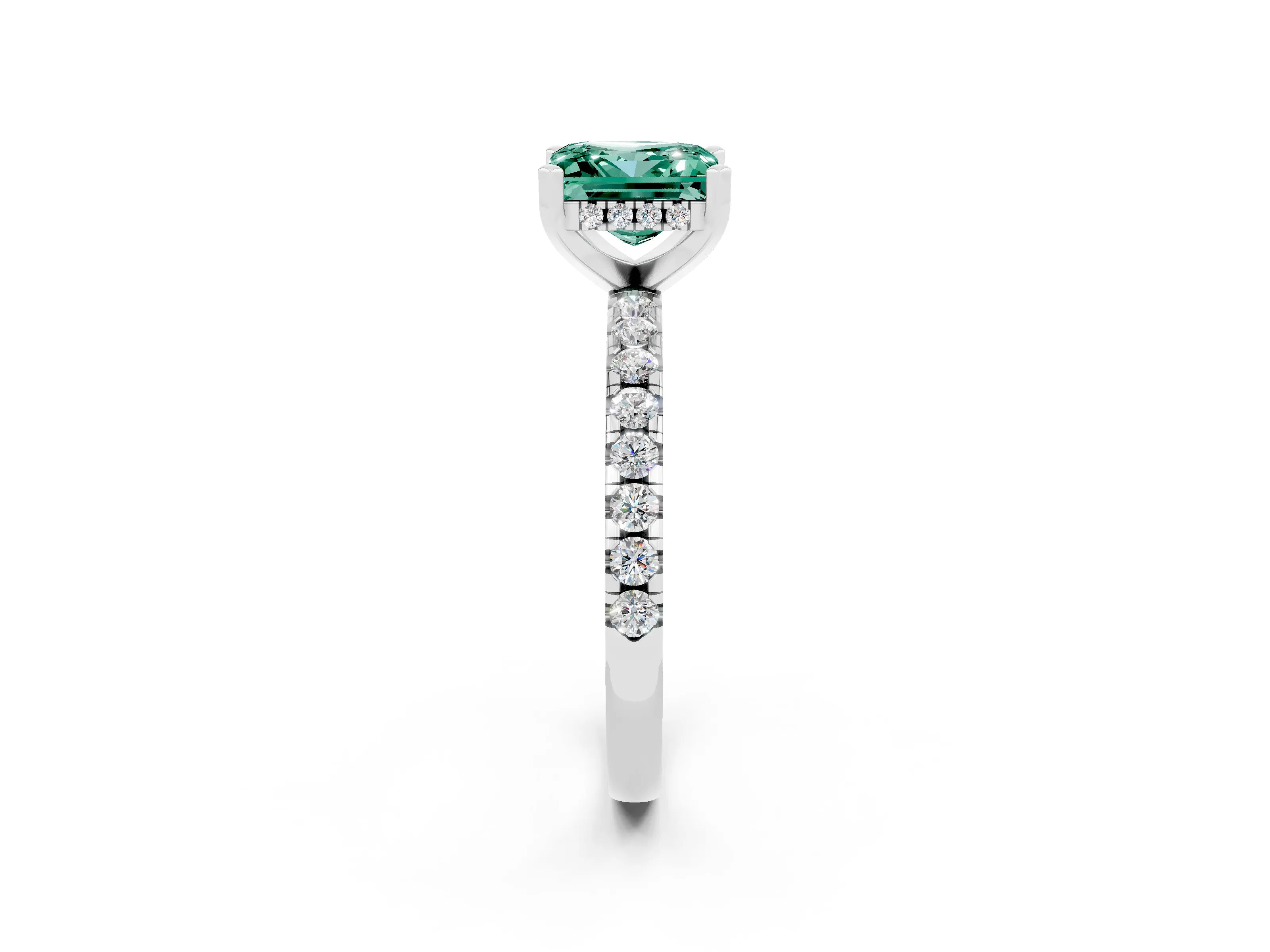 White gold Princess Cut Green Sapphire Solitaire Ring with Pavé Band and Four-Prong Setting_26
