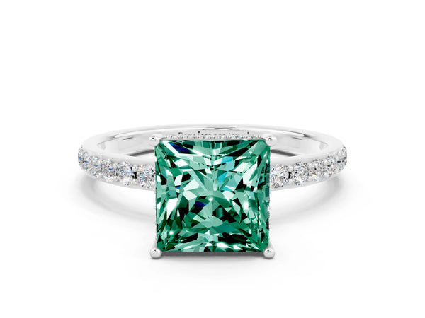Platinum Princess Cut Green Sapphire Solitaire Ring with Pavé Band and Hidden Halo