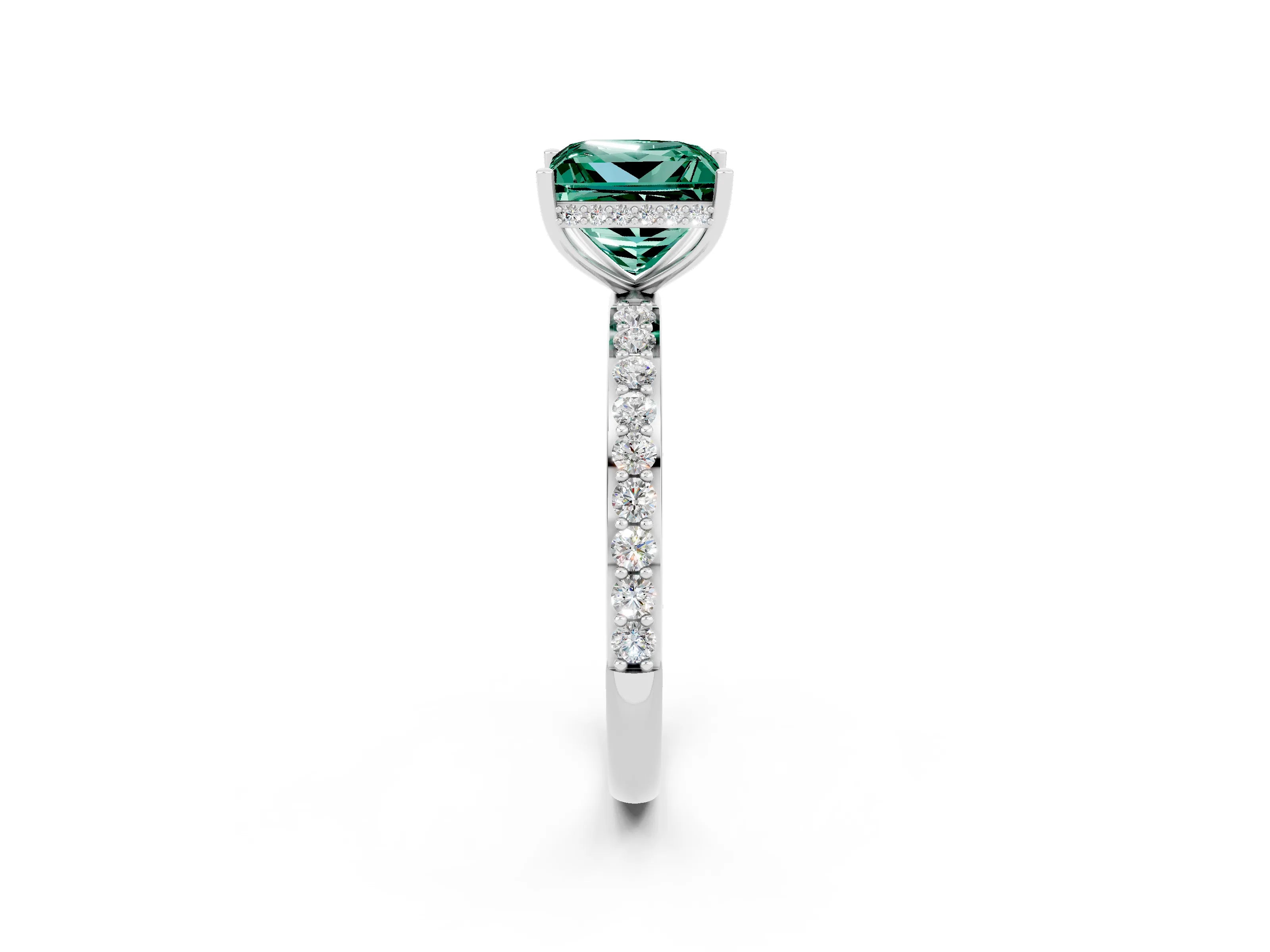 White gold Princess Cut Green Sapphire Solitaire Ring with Pavé Band and Hidden Halo_2
