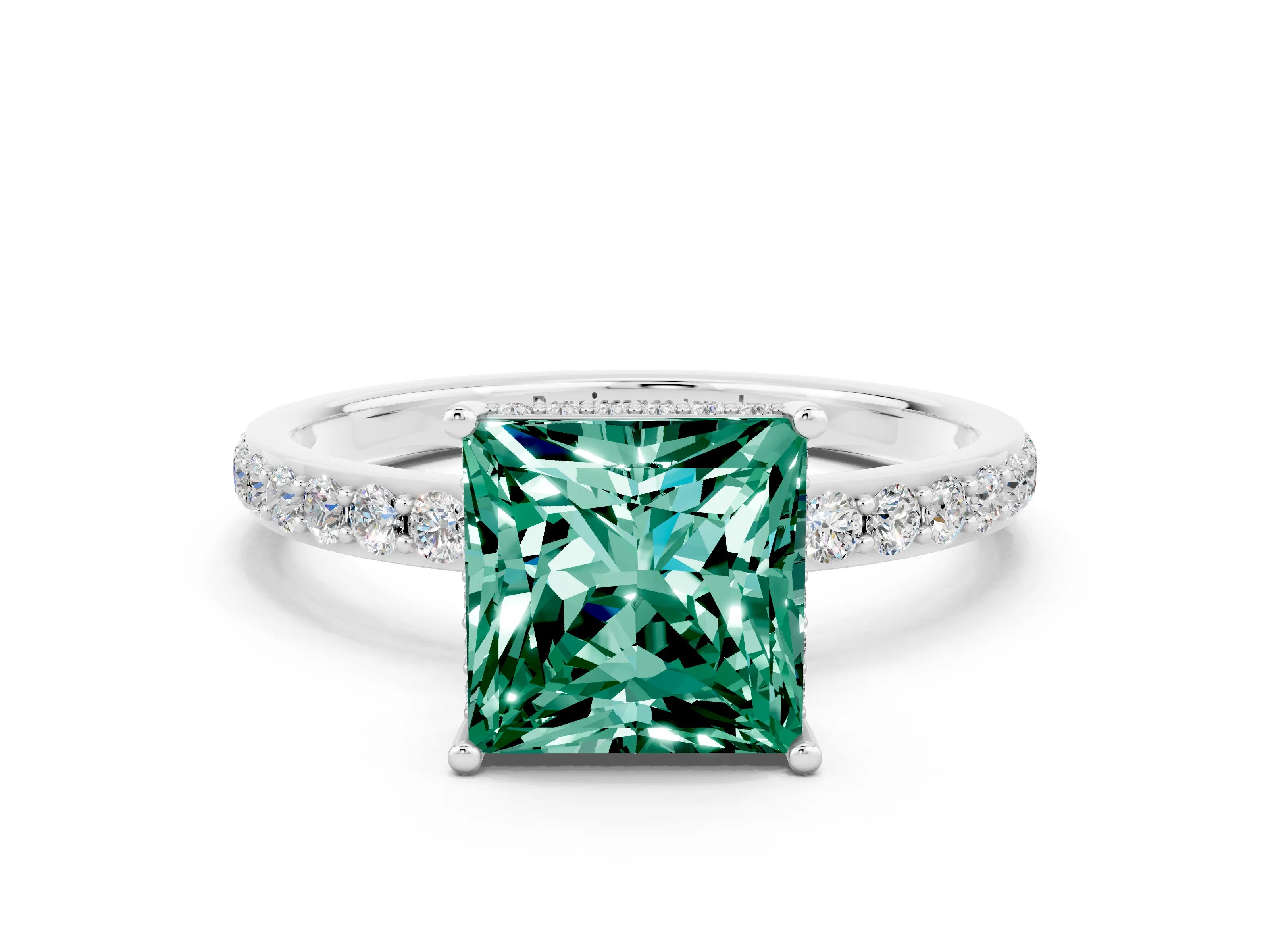 White gold Princess Cut Green Sapphire Solitaire Ring with Pavé Band and Hidden Halo_24