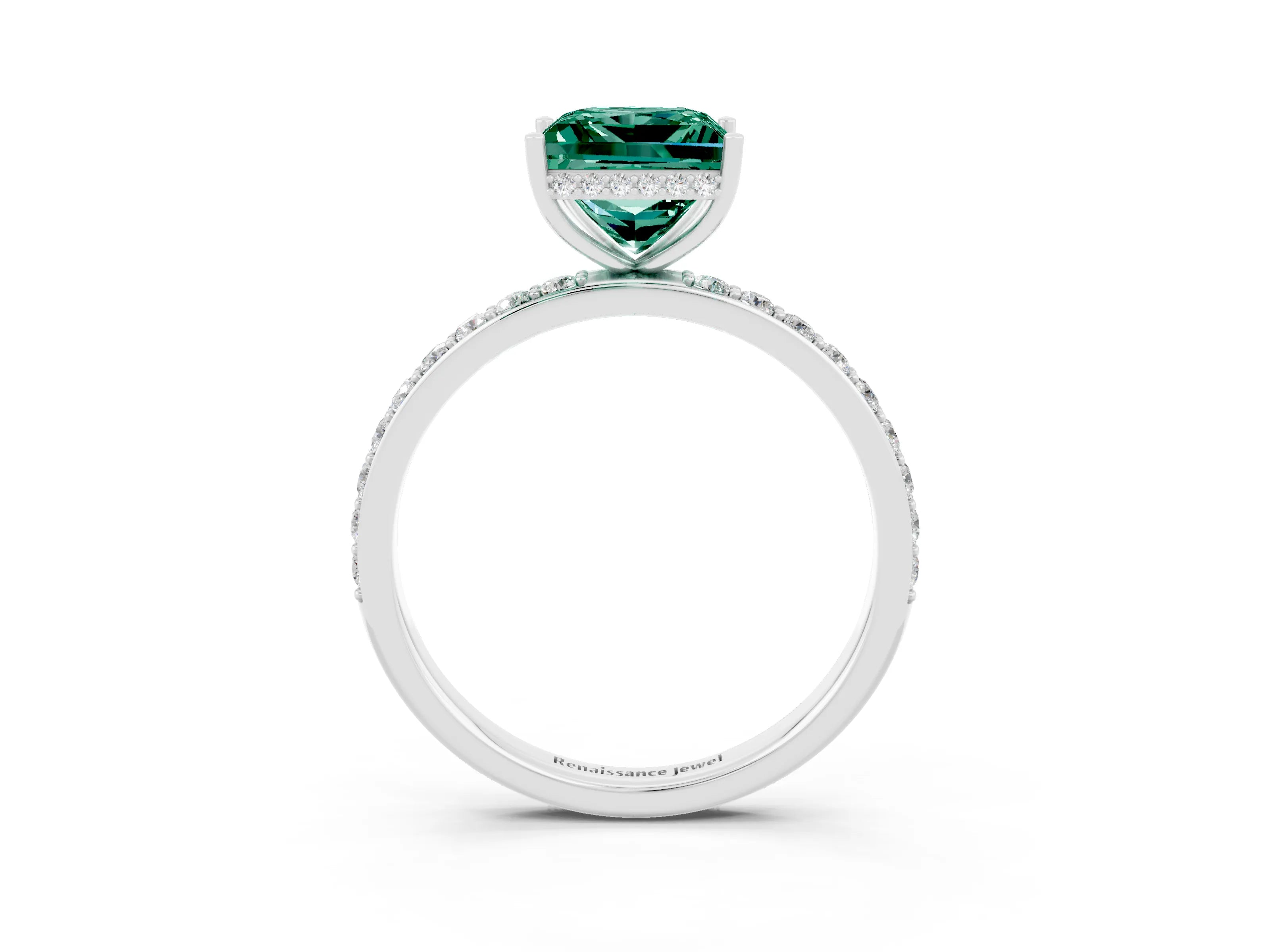 White gold Princess Cut Green Sapphire Solitaire Ring with Pavé Band and Hidden Halo_27