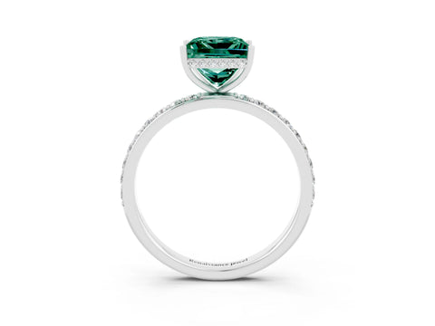 White gold Princess Cut Green Sapphire Solitaire Ring with Pavé Band and Hidden Halo_27
