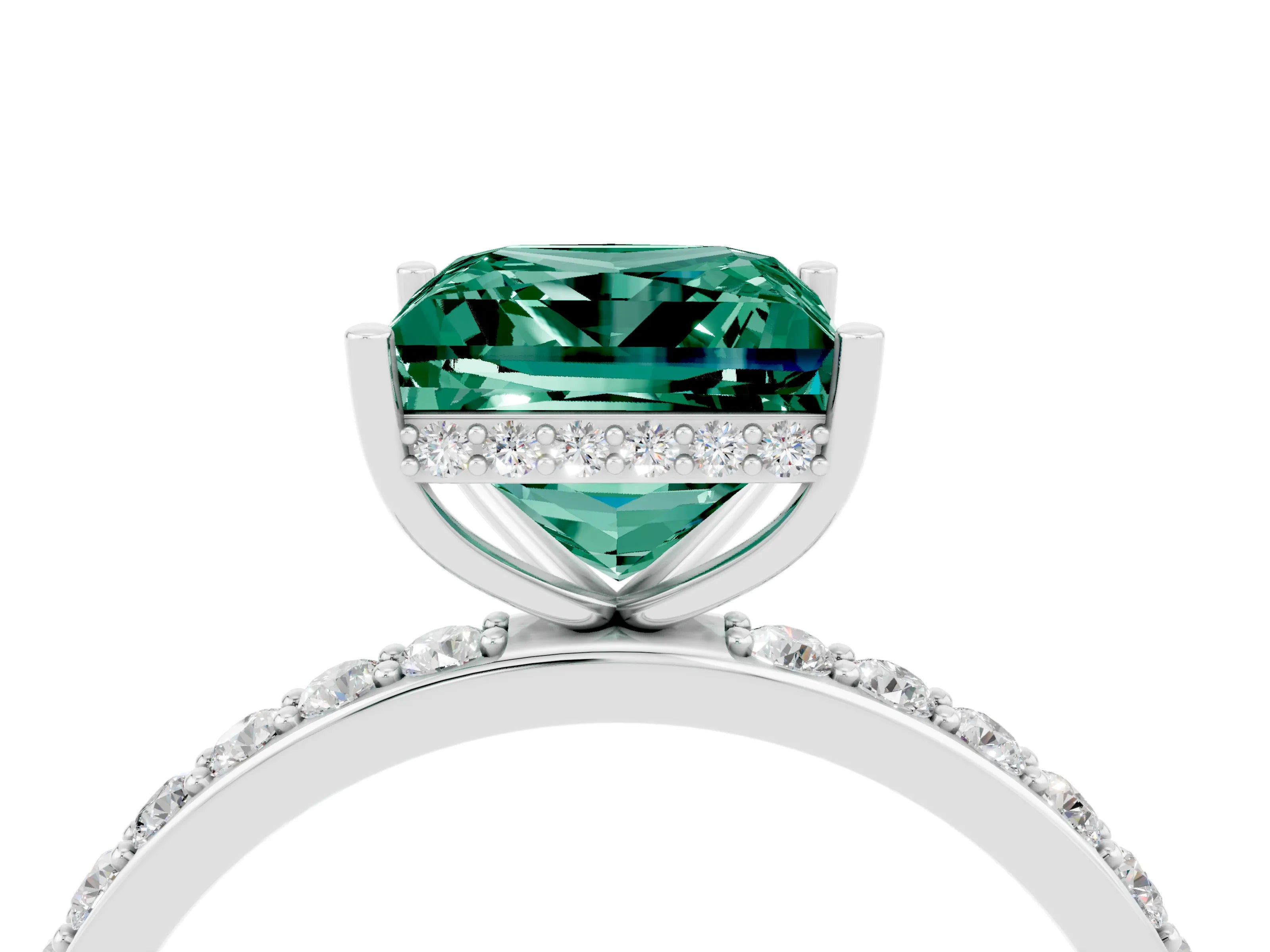 White gold Princess Cut Green Sapphire Solitaire Ring with Pavé Band and Hidden Halo_28