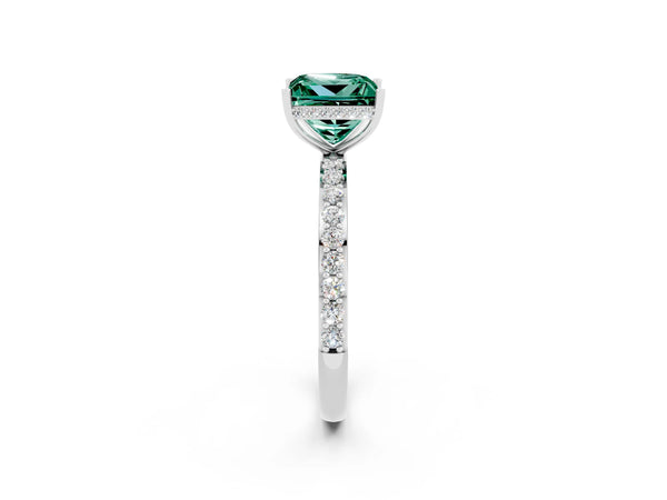 Silver Princess Cut Green Sapphire Solitaire Ring with Pavé Band and Hidden Halo