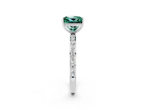 White gold Princess Cut Green Sapphire Solitaire Ring with Pavé Band and Hidden Halo_2