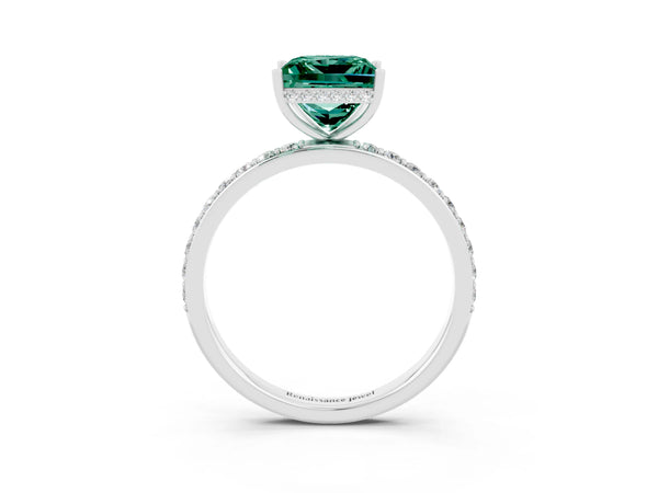 Platinum Princess Cut Green Sapphire Solitaire Ring with Pavé Band and Hidden Halo