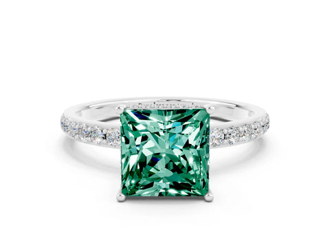 White gold Princess Cut Green Sapphire Solitaire Ring with Pavé Band and Hidden Halo