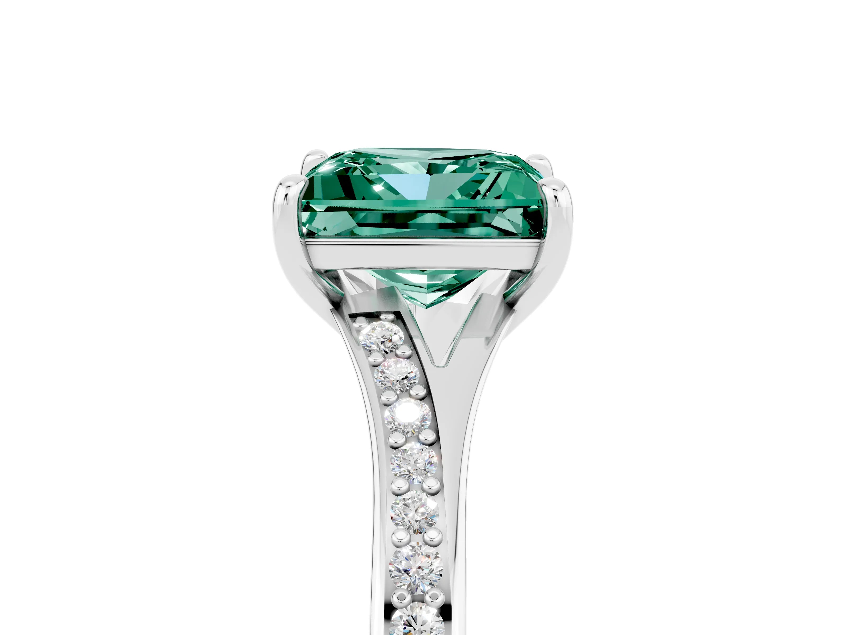 White gold Princess Cut Green Sapphire Solitaire Ring with Pavé Band and Prong Setting_17