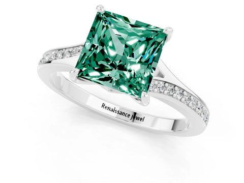 White gold Princess Cut Green Sapphire Solitaire Ring with Pavé Band and Prong Setting_1