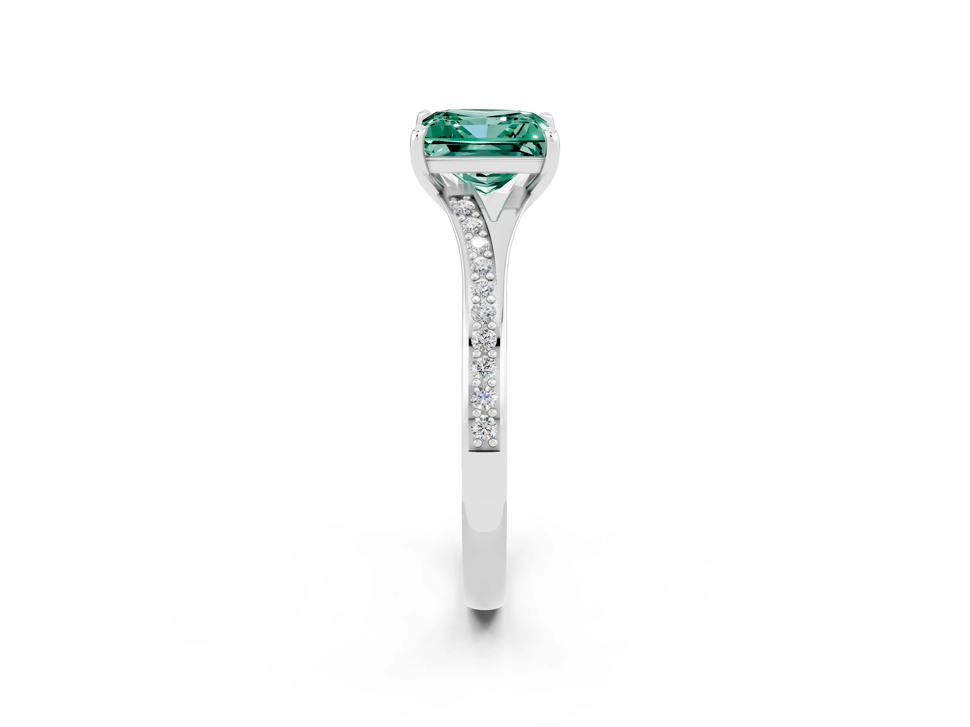 White gold Princess Cut Green Sapphire Solitaire Ring with Pavé Band and Prong Setting_2