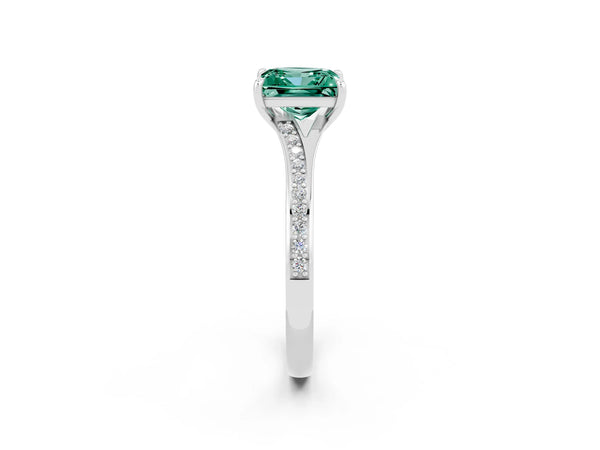 White gold Princess Cut Green Sapphire Solitaire Ring with Pavé Band and Prong Setting