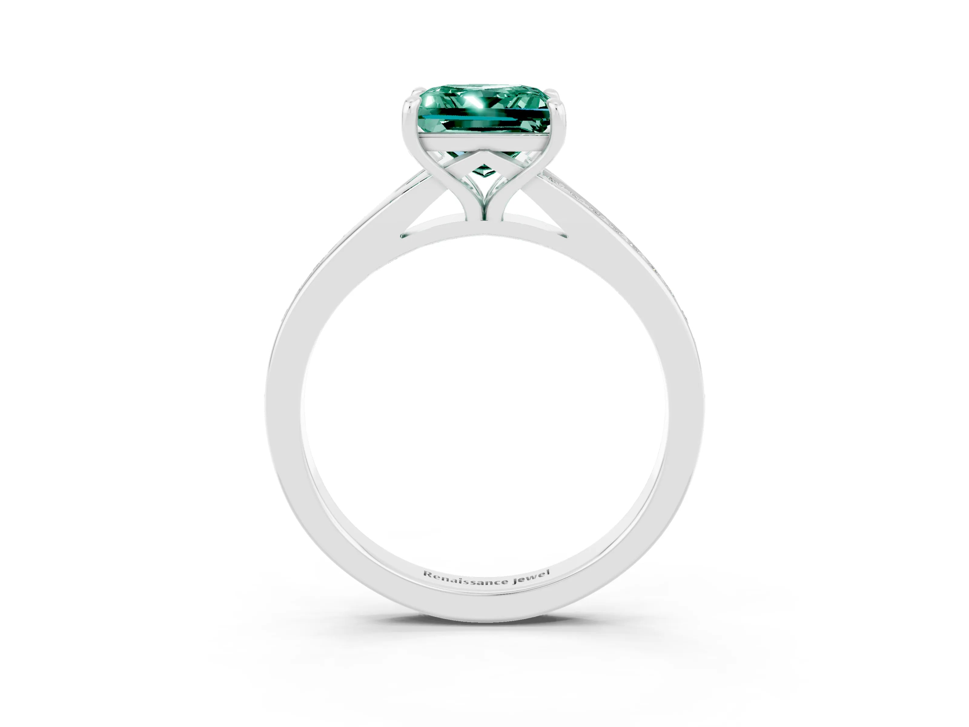 White gold Princess Cut Green Sapphire Solitaire Ring with Pavé Band and Prong Setting_3