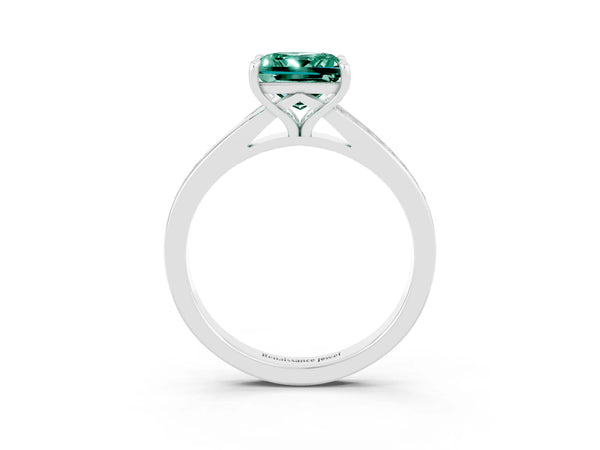Silver Princess Cut Green Sapphire Solitaire Ring with Pavé Band and Prong Setting