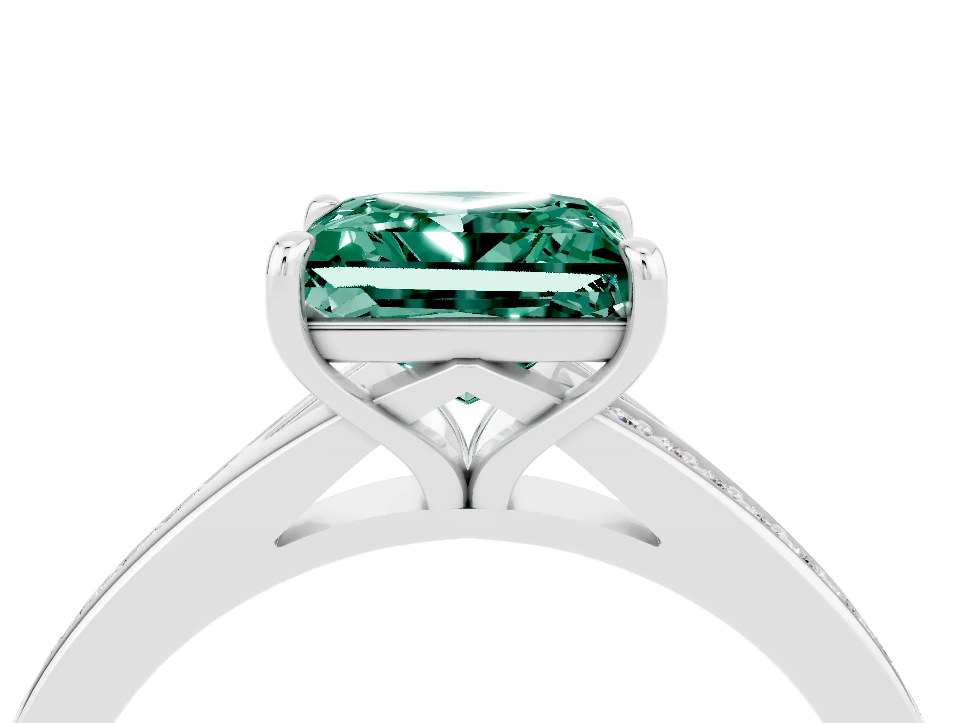 White gold Princess Cut Green Sapphire Solitaire Ring with Pavé Band and Prong Setting_4