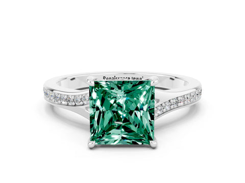 White gold Princess Cut Green Sapphire Solitaire Ring with Pavé Band and Prong Setting