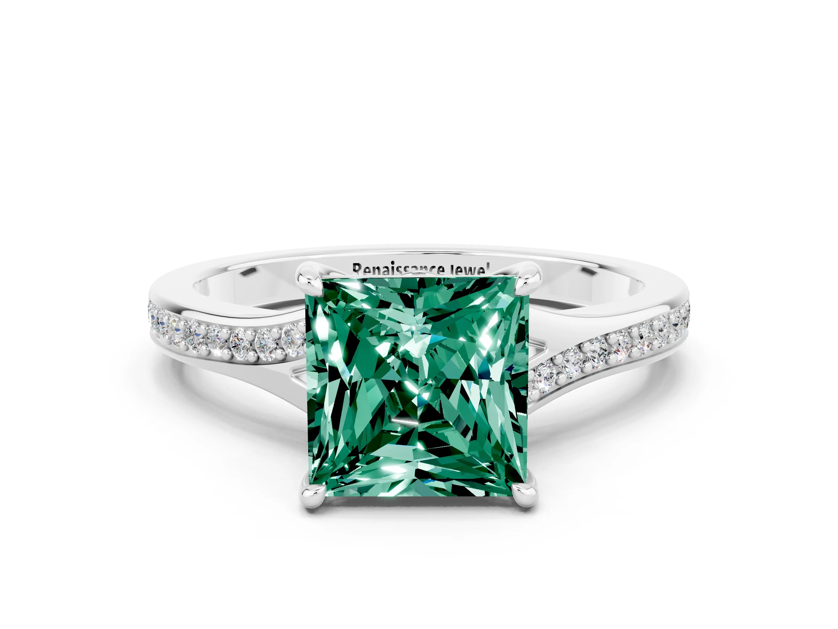 White gold Princess Cut Green Sapphire Solitaire Ring with Pavé Band and Prong Setting