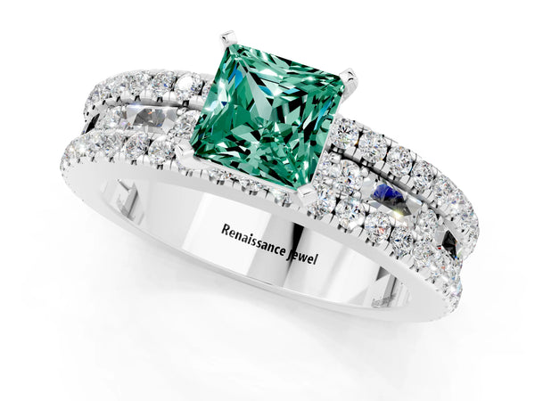 Silver Princess Cut Green Sapphire Solitaire Ring with Pavé and Channel Set Band