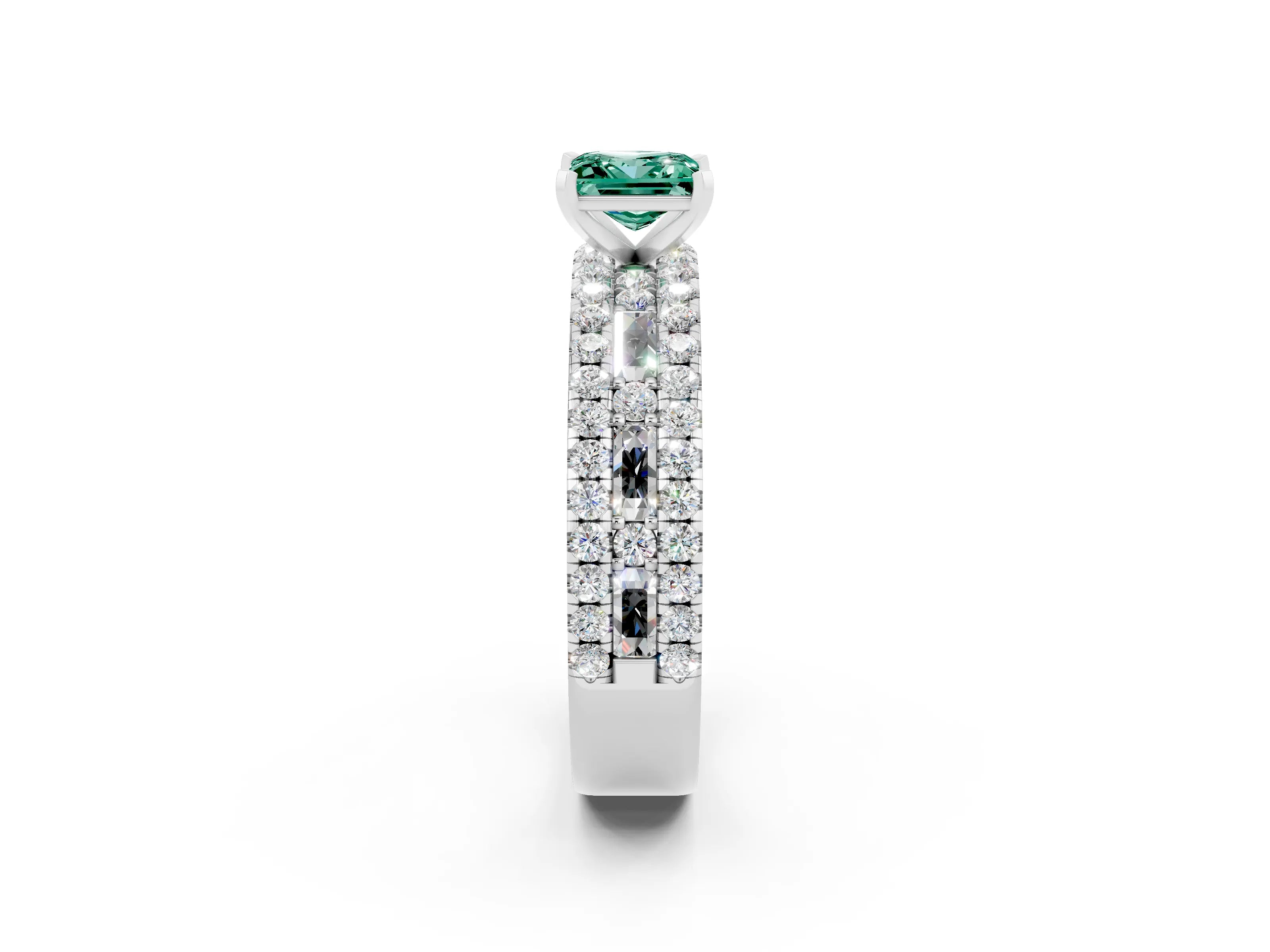 White gold Princess Cut Green Sapphire Solitaire Ring with Pavé and Channel Set Band_2