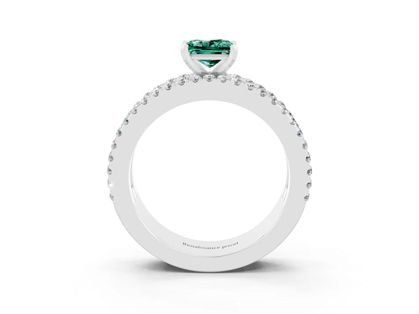 Platinum Princess Cut Green Sapphire Solitaire Ring with Pavé and Channel Set Band