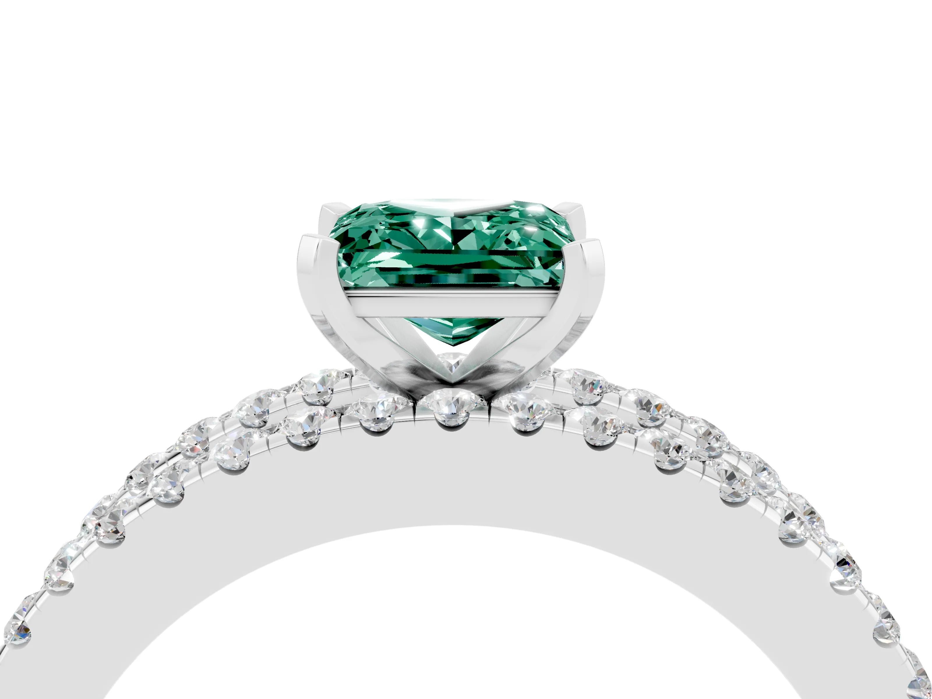White gold Princess Cut Green Sapphire Solitaire Ring with Pavé and Channel Set Band_4