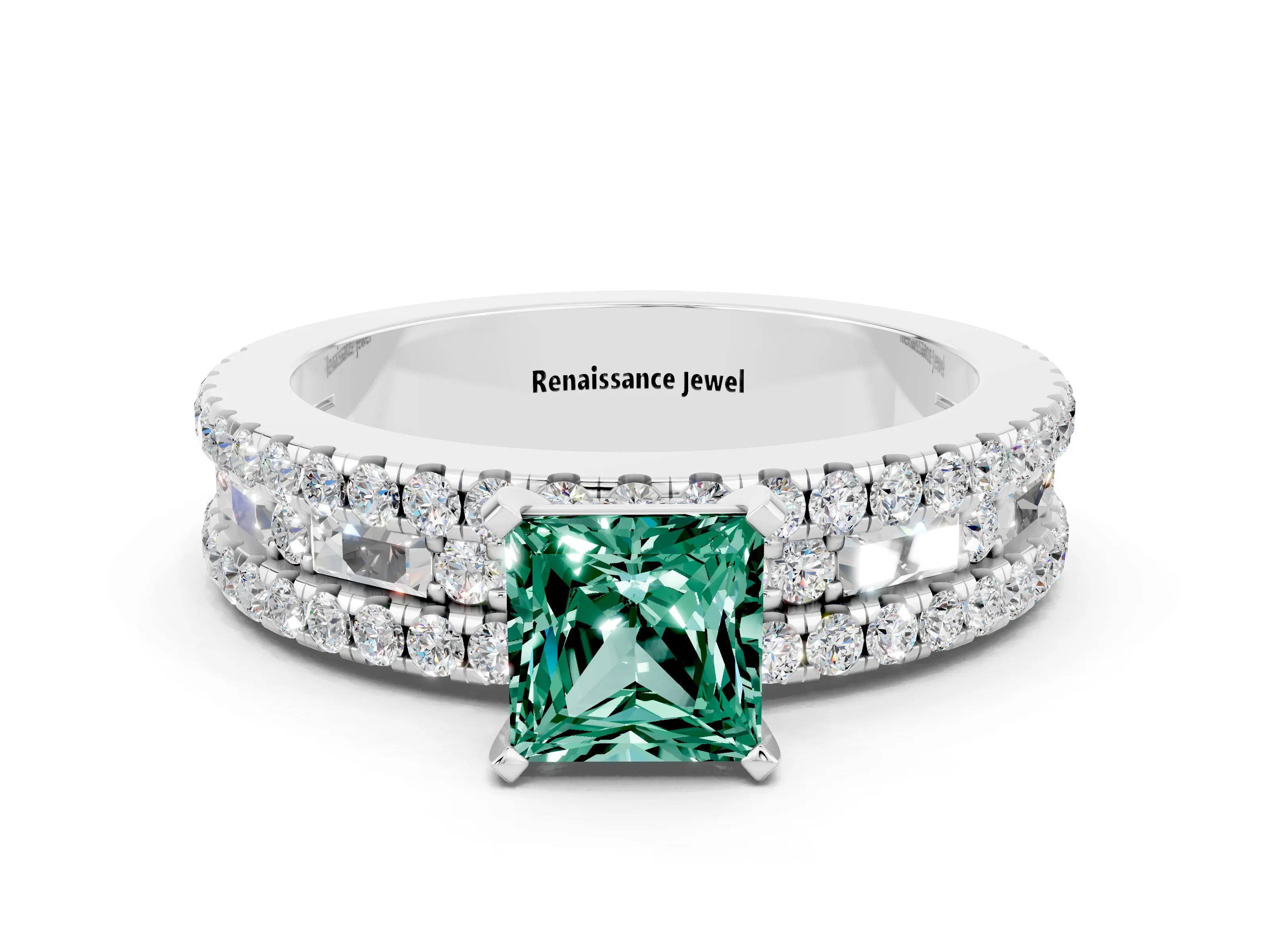 White gold Princess Cut Green Sapphire Solitaire Ring with Pavé and Channel Set Band