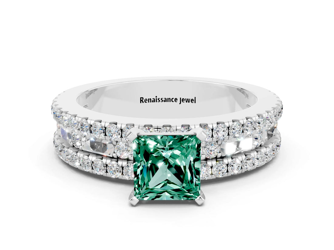 White gold Princess Cut Green Sapphire Solitaire Ring with Pavé and Channel Set Band