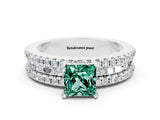 White gold Princess Cut Green Sapphire Solitaire Ring with Pavé and Channel Set Band