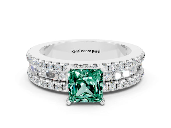 Silver Princess Cut Green Sapphire Solitaire Ring with Pavé and Channel Set Band